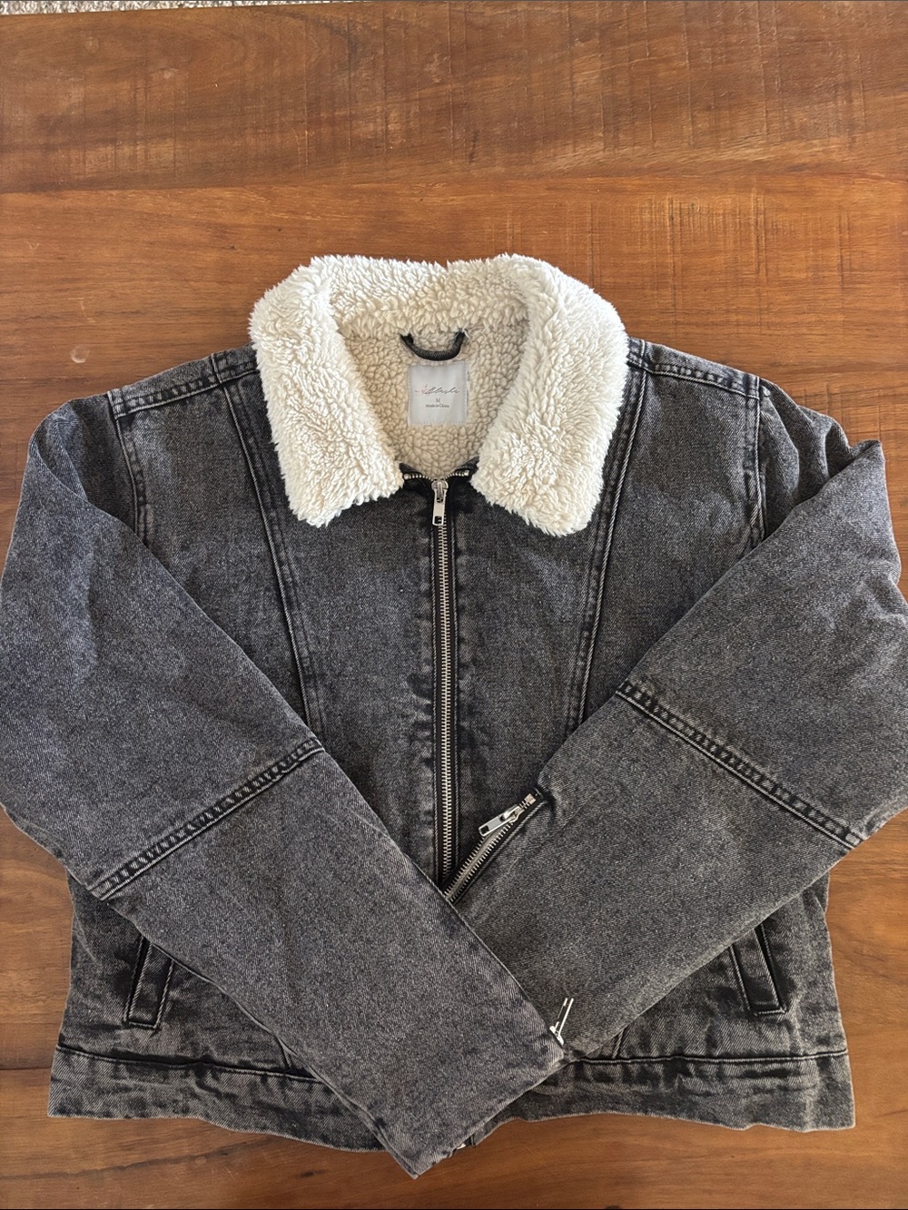 Women's Black Washed Denim Jacket with Cream Sherpa Collar